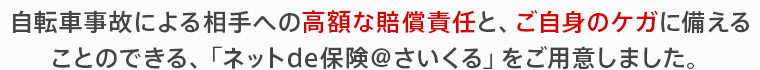 自転車事故による相手への高額な賠償責任とご自身のケガに備えることのできる、「ネットde保険＠さいくる」をご用意しました